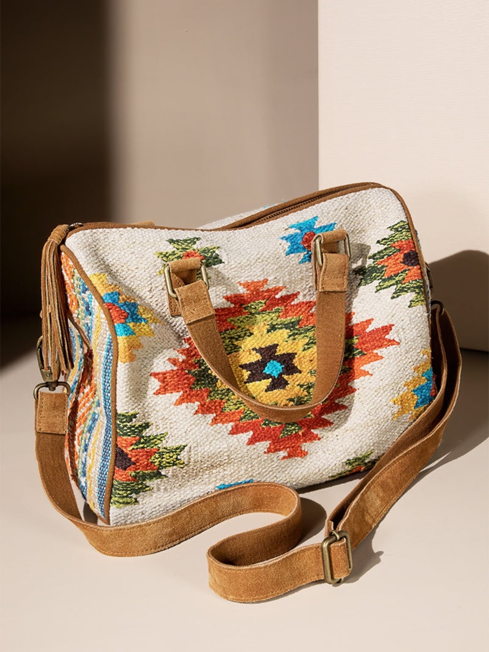Ruggine Boho Woven Aztec Print Crossbody Tote in Tan
